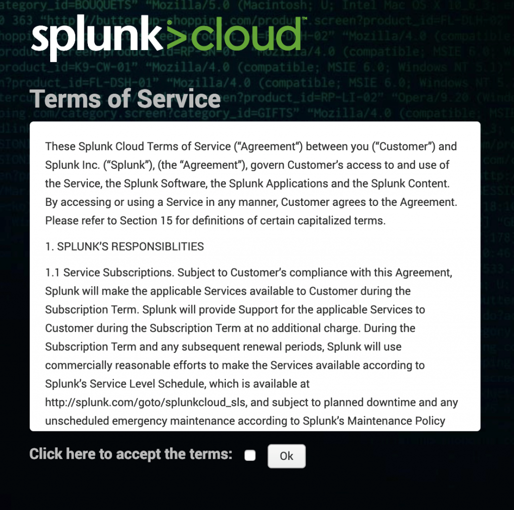 Splunk Cloud terms of service